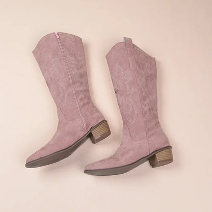 Damen Cowboy Stiefel Wildleder Bestickt Mittlerer Schaft Niedriger