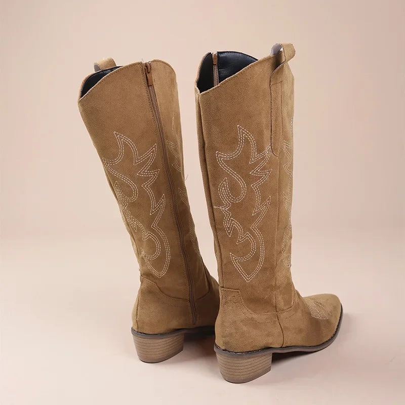 Damen Cowboy Stiefel Wildleder Bestickt Mittlerer Schaft Niedriger