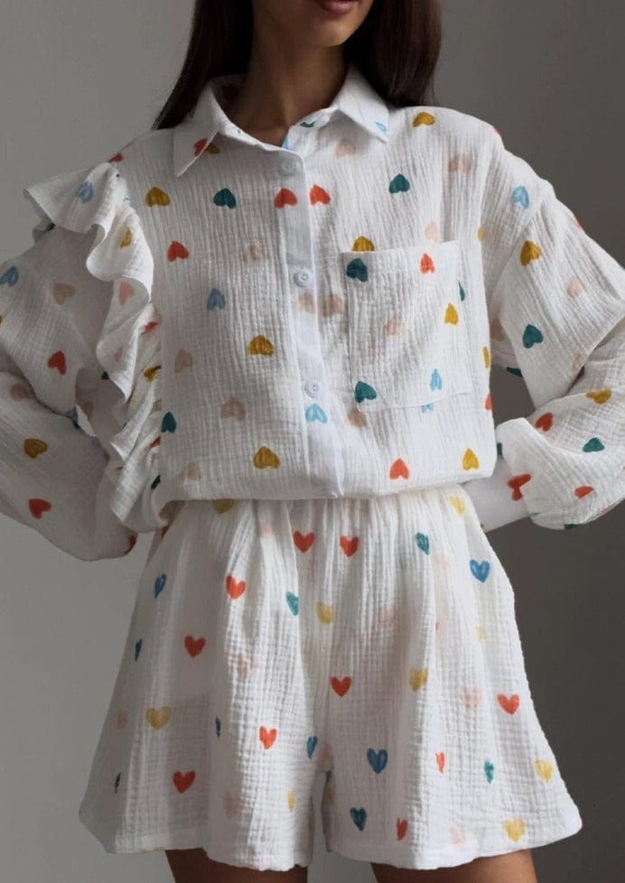 Damen Zweiteiler-Set Herz-Print Leicht Sommer