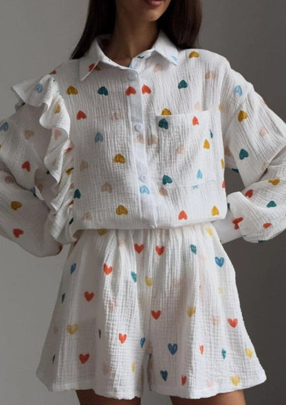 Damen Zweiteiler-Set Herz-Print Leicht Sommer
