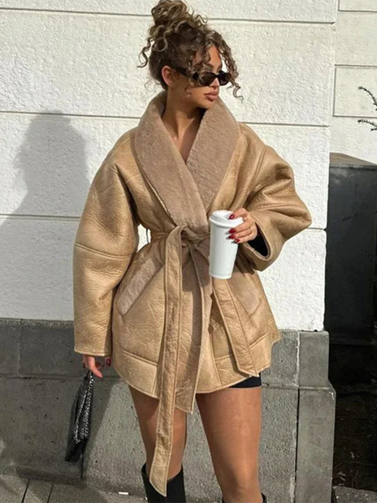 Damen Kunstledermantel Oversized Leder-Look Fleece
