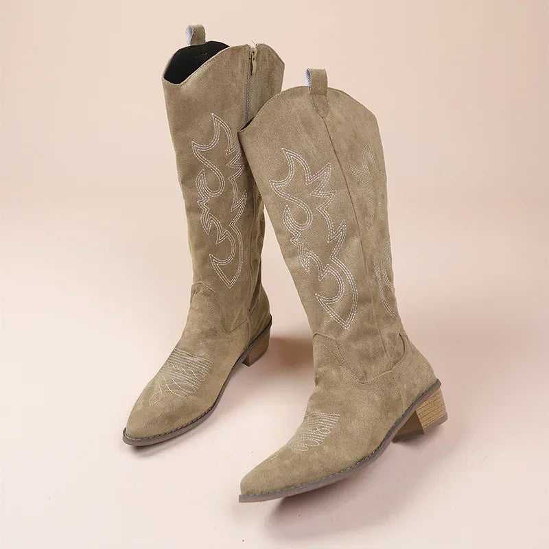 Damen Cowboy Stiefel Wildleder Bestickt Mittlerer Schaft Niedriger