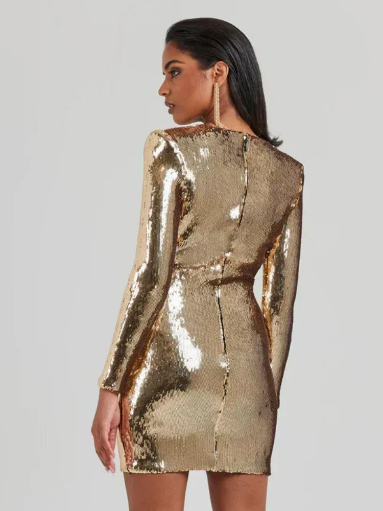 Hanna Damen Mini Kleid Pailletten Lange Ärmel Plissee