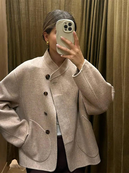 Damen Oversized Wolljacke Asymmetrisch Große Taschen