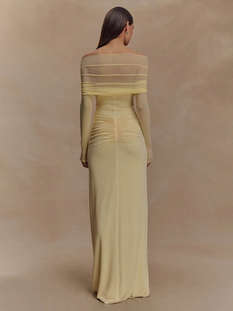 Damen Maxikleid Schulterfrei Cut-Out Länge Langärmlig