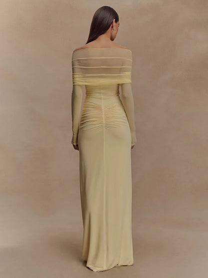 Damen Maxikleid Schulterfrei Cut-Out Länge Langärmlig