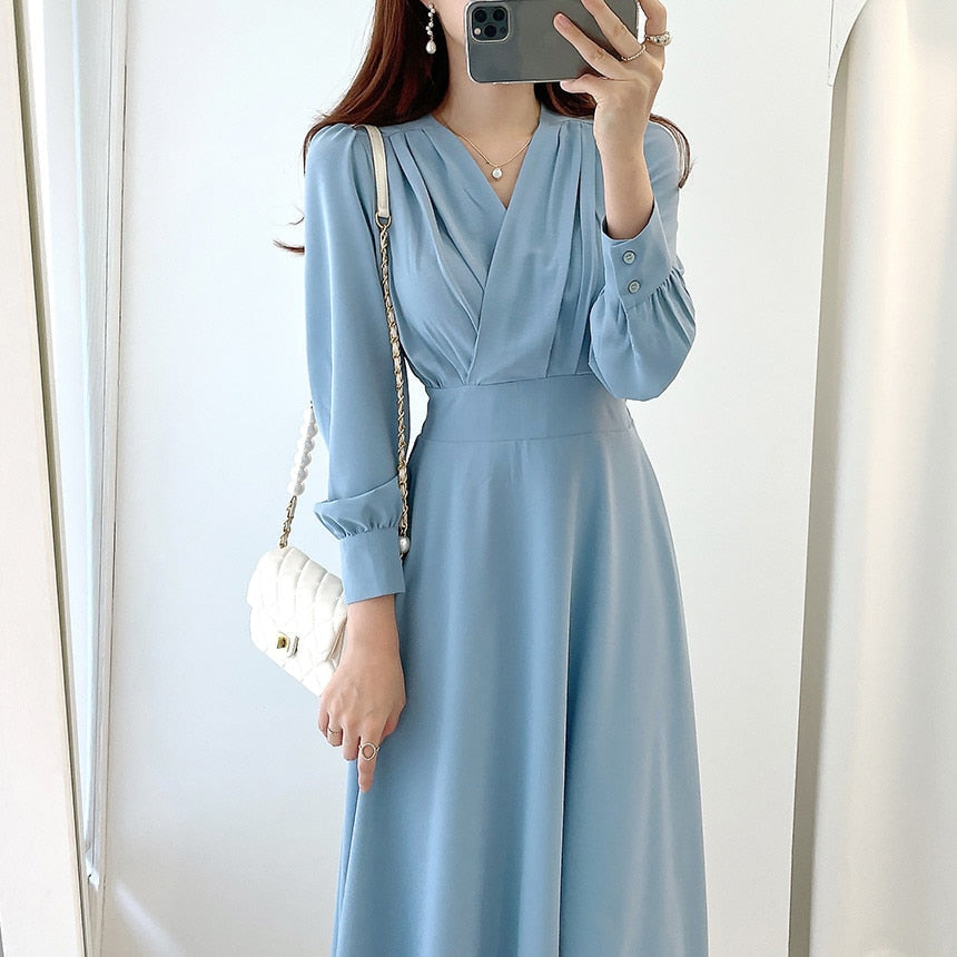 Elegantes Damenkleid mit Puffärmeln V-Ausschnitt A-Linie