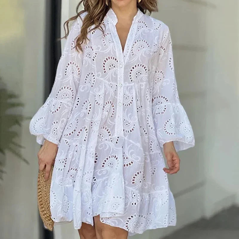 Damen Spitzenkleid Boho-Stil Knopfleiste Weite Ärmel