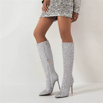 Lunéa Damen Glitzerstiefel Kniehoch Spitze Stiletto