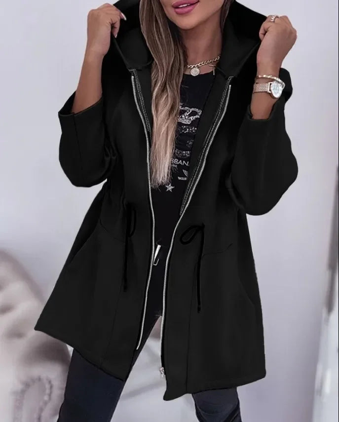 Norvielle Damen Frühlingsjacke Kapuze Plissierter Bund