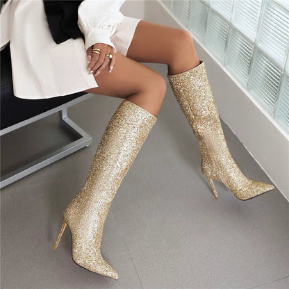 Lunéa Damen Glitzerstiefel Kniehoch Spitze Stiletto