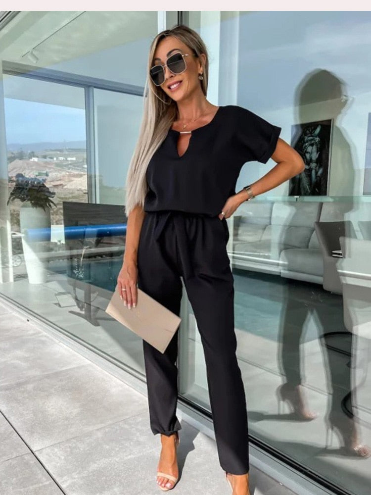 Norvielle Damen Jumpsuit Kurzärmelig Mit Gürtel Elegant