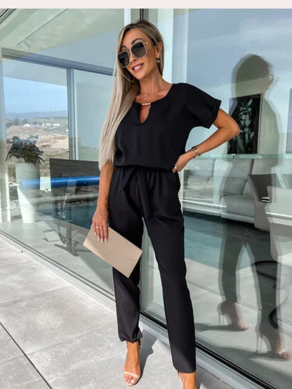 Norvielle Damen Jumpsuit Kurzärmelig Mit Gürtel Elegant