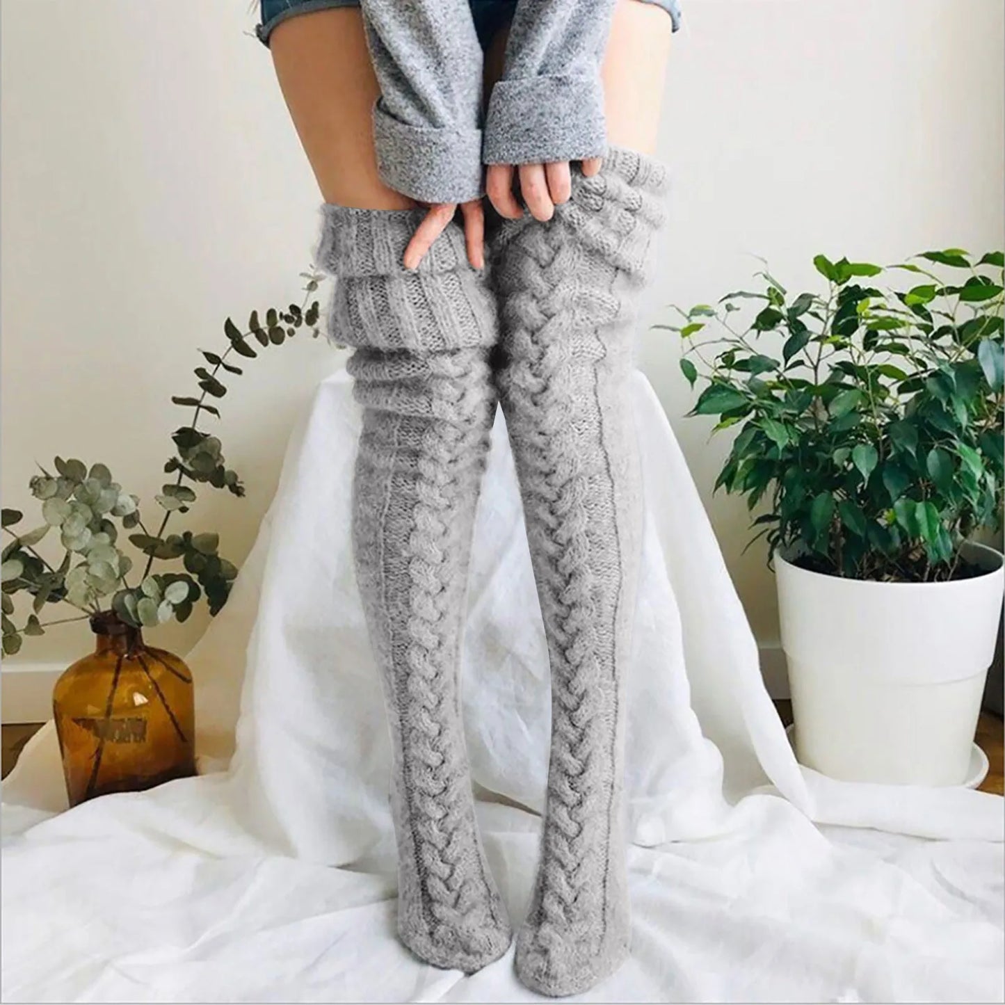 Damen Overknee Stricksocken Warm Weich Zopfmuster Beige - Norvielle