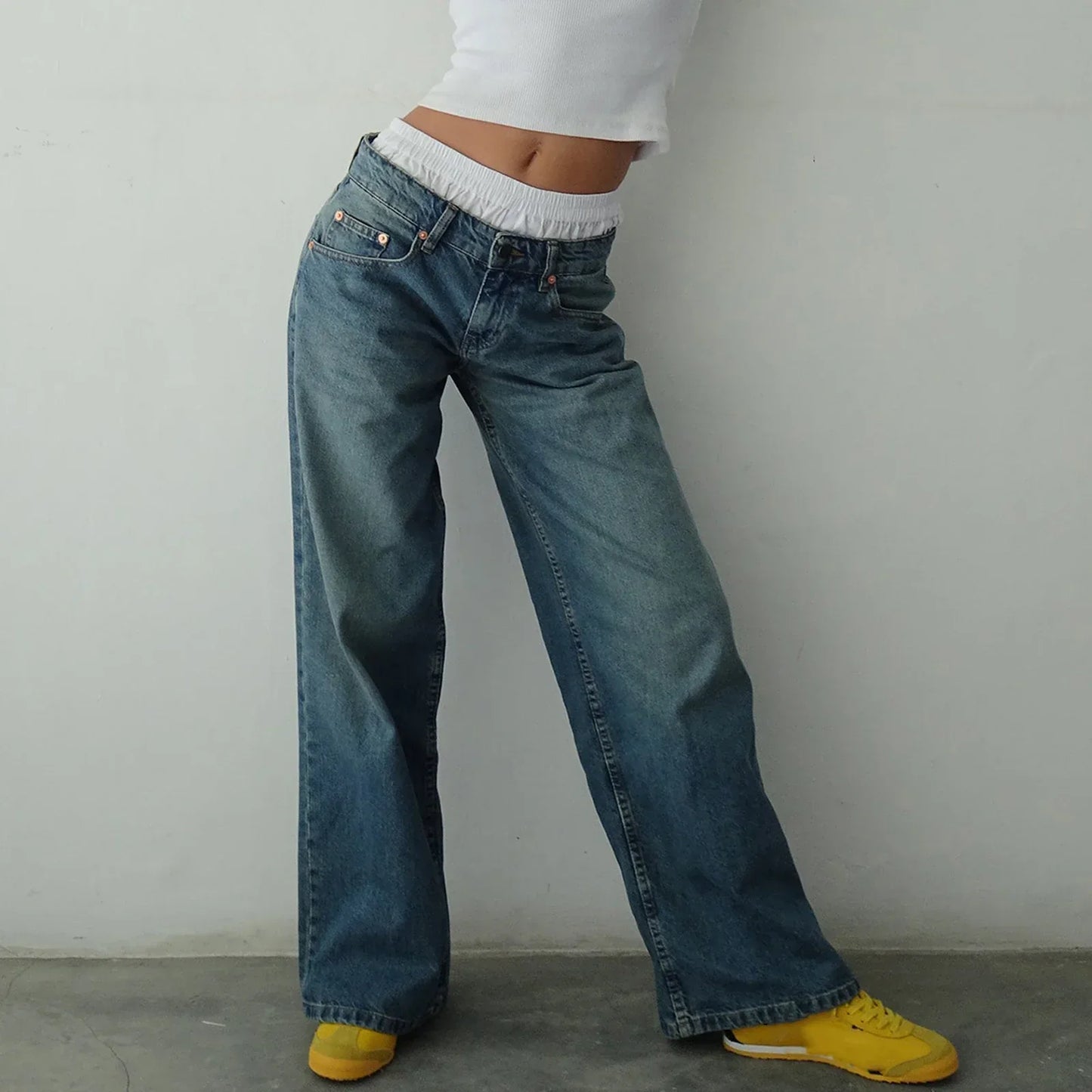 Damen Weitbein Jeans Helle Vintage Farbe