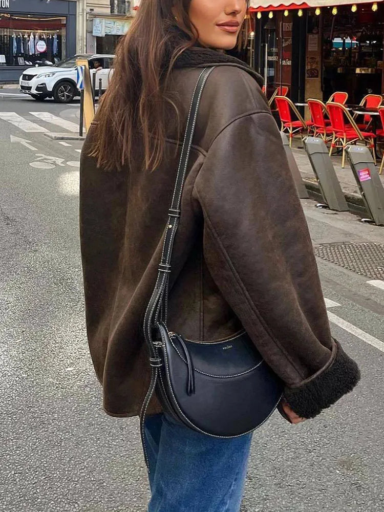 Damen Oversized Jacke Fleecefutter Großer Reverskragen