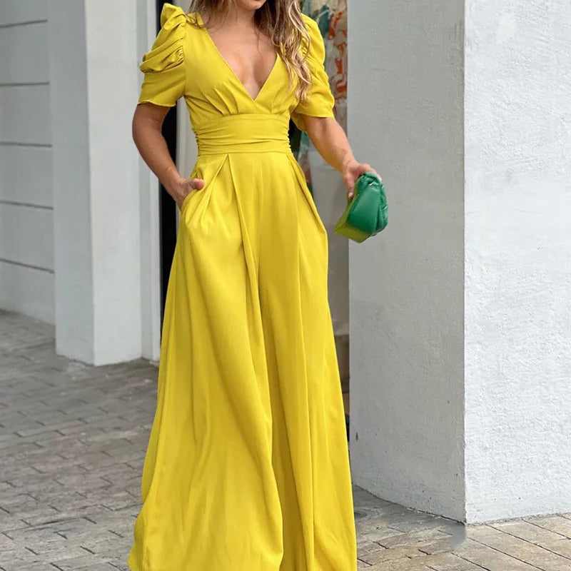 Norvielle Damen Jumpsuit Puffärmel Elegent