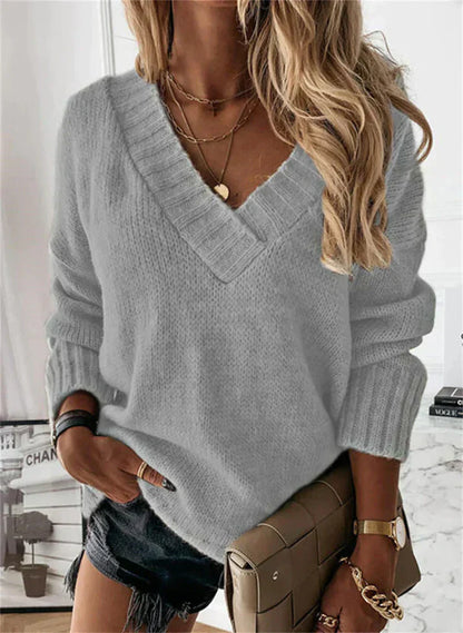Damen Pullover V-Ausschnitt Klobig Weich