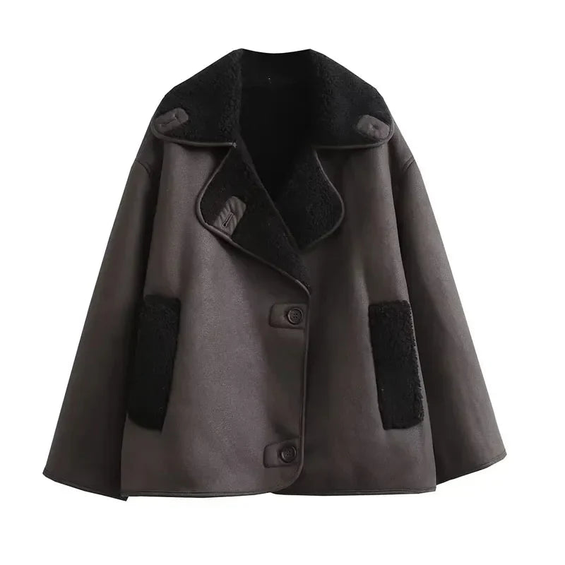 Damen Winterjacke Kunstleder Plüschfutter Breiter Kragen