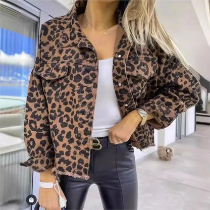 Damen Jeansjacke Leopardenmuster Stylisch