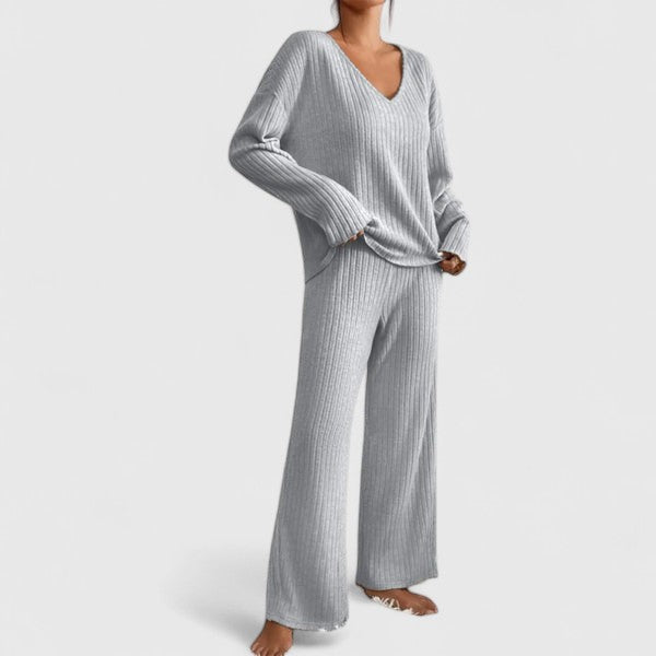 Damen Lounge-Set Rippstrick Weite Hose Beige
