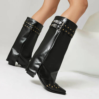 Western Kniestiefel Damen Doppel-Schnalle Spitze Kappe