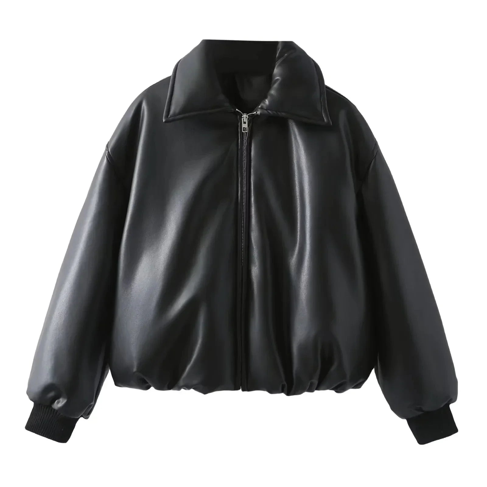 schwarze oversized bomberjacke aus veganem leder mit reißverschluss