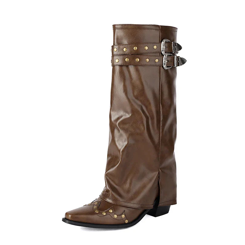 Western Kniestiefel Damen Doppel-Schnalle Spitze Kappe