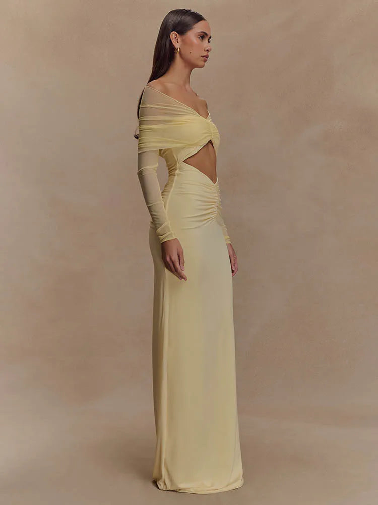 Damen Maxikleid Schulterfrei Cut-Out Länge Langärmlig