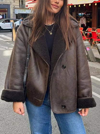 Damen Oversized Jacke Fleecefutter Großer Reverskragen