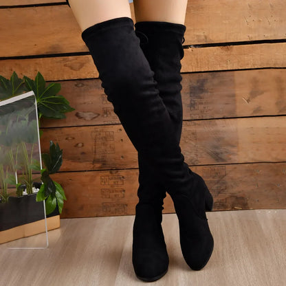 Damen Overknee Stiefel Blockabsatz Hoch Schaft