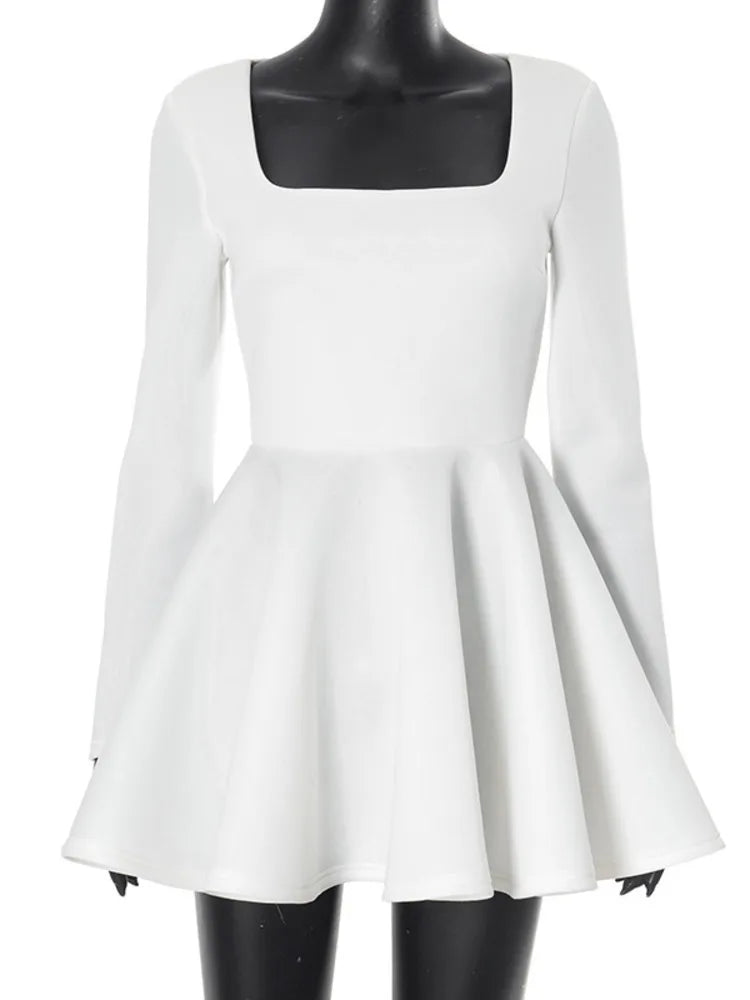 Elegantes Damen Mini-Kleid Weiß Quadrat-Ausschnitt