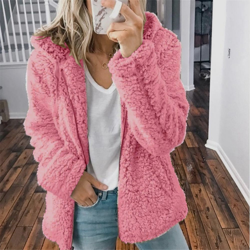 Damen Winterjacke Mit Kapuze Warm Teddylock Lockerer Schnitt Schwarz - Norvielle