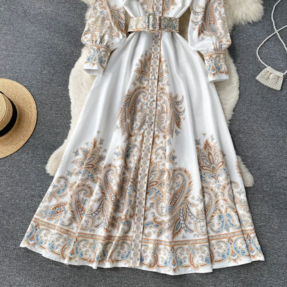 Damen A-Linienkleid mit Gürtel Blumenmuster