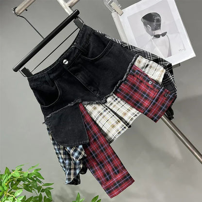 Damen Denim Mini-Rock Patchwork Kariert Hochtaille Dunkelblau - Norvielle