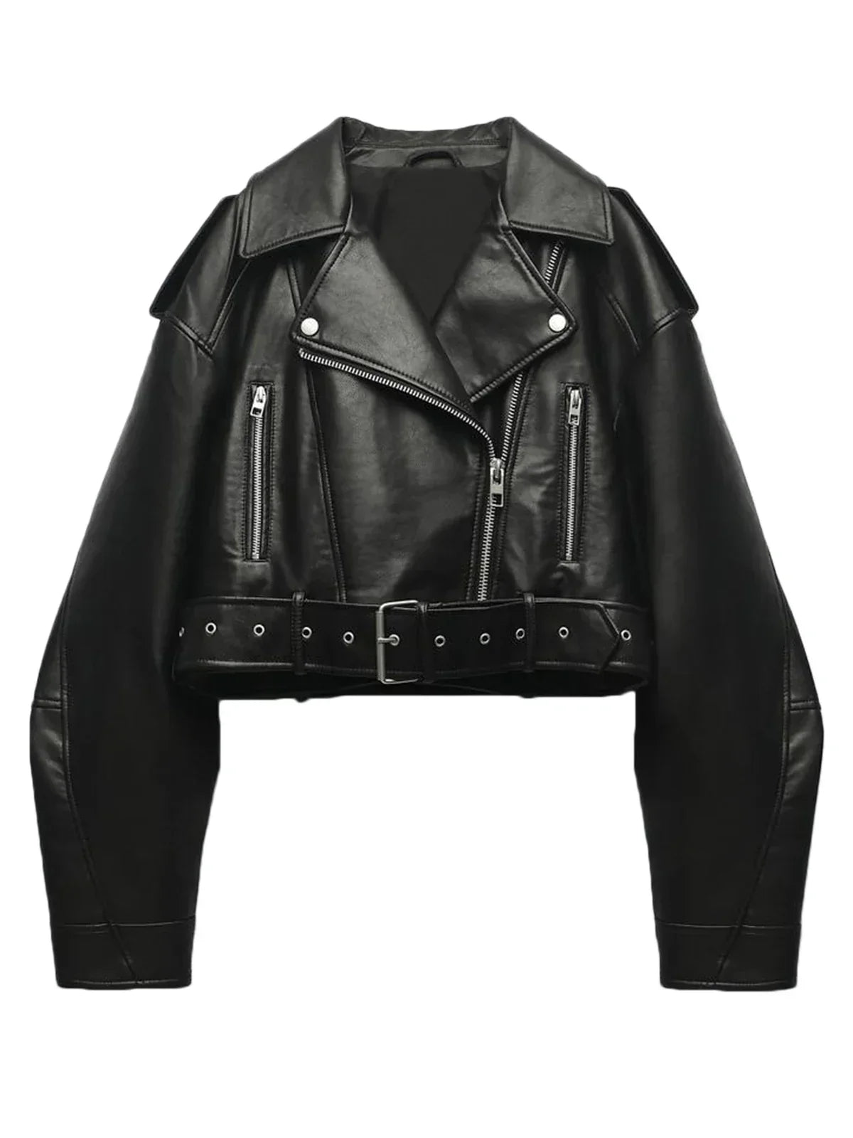 Damen Bikerjacke Cropped Asymmetrischer Reißverschluss Leder Schwarz - Norvielle