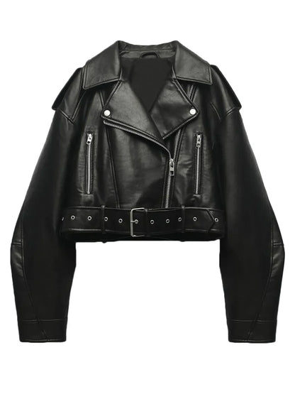 Damen Bikerjacke Cropped Asymmetrischer Reißverschluss Leder Schwarz - Norvielle