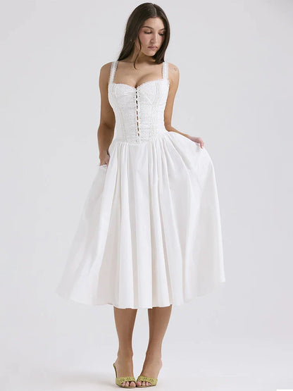Damen Leinen Sommerkleid Luftig Romantisch Weiß