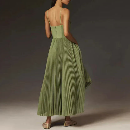 Grünes Plissiertes A-Linie Damenkleid