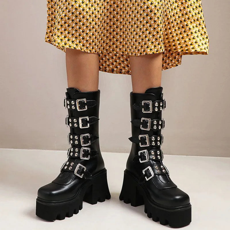 Damen Hochstiefel Chunky Absatz