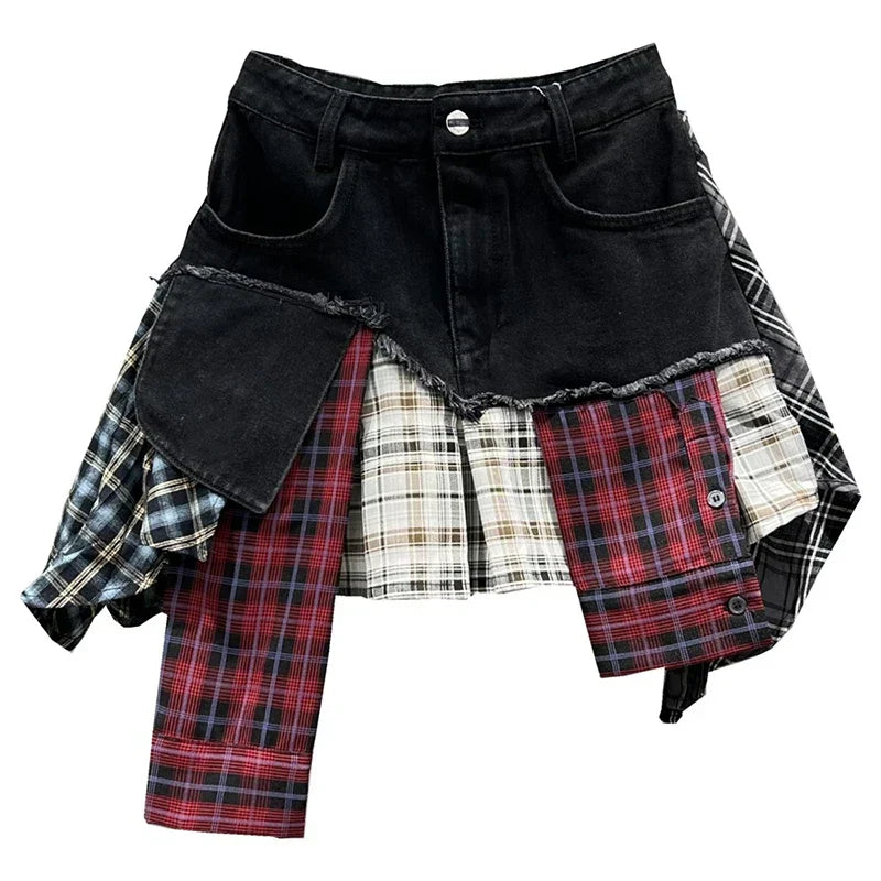 Damen Denim Mini-Rock Patchwork Kariert Hochtaille Dunkelblau