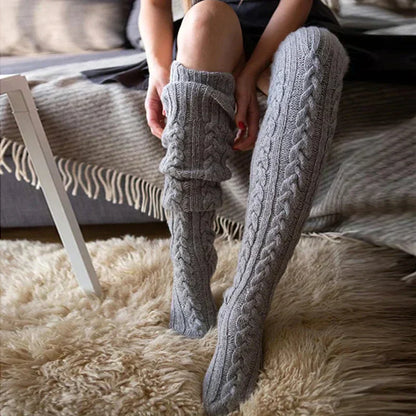 Damen Overknee Stricksocken Weiches Zopfmuster Beige