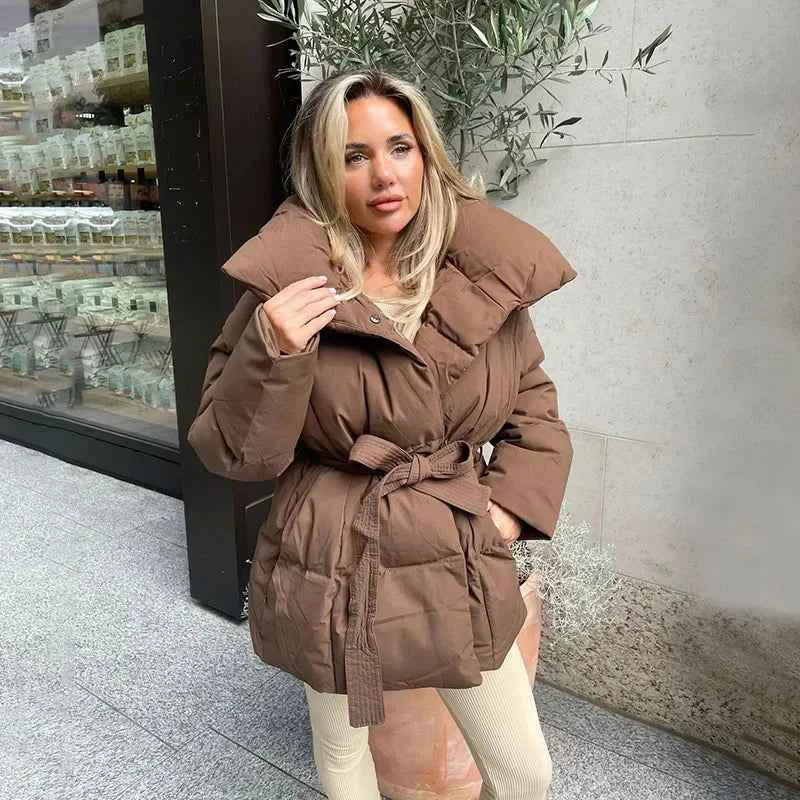Damen Winterpufferjacke Gürtel Dicker Wattierung Großer Kragen - Norvielle