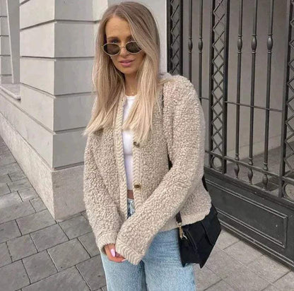 Damen Teddy Strickjacke Kuschelig Beige