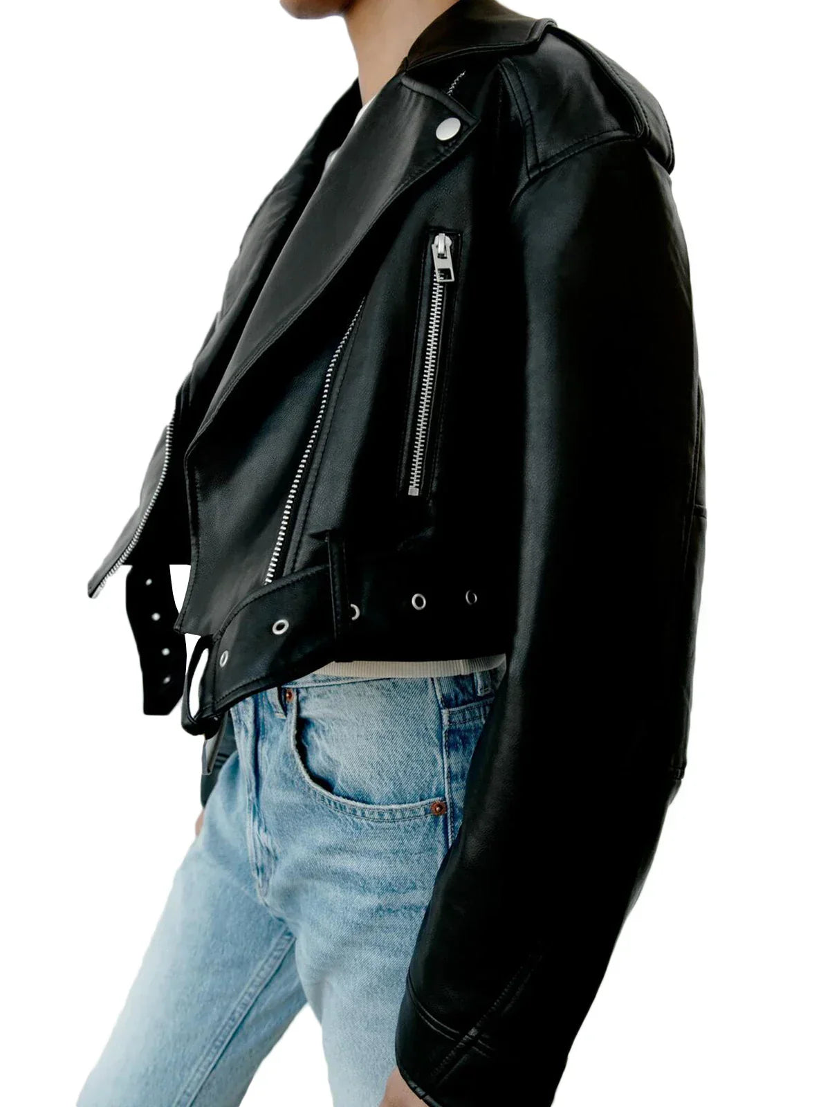 Damen Bikerjacke Cropped Asymmetrischer Reißverschluss Leder