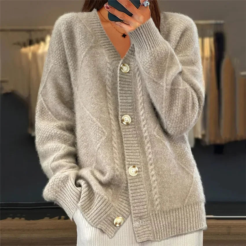 Damen Strick-Cardigan V-Ausschnitt Knopfleiste Beige - Norvielle
