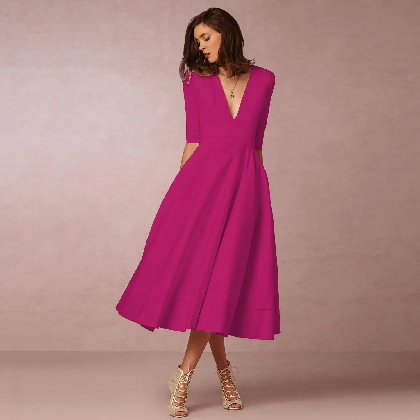 Damen Hochzeitsgastkleid V-Ausschnitt Midi