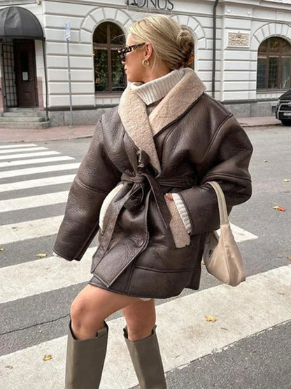 Damen Kunstledermantel Oversized Leder-Look Fleece