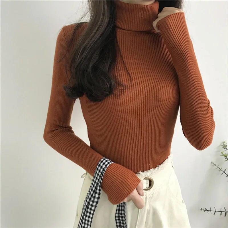 Norvielle Damen Strickpullover Hoher Kragen Gerippt