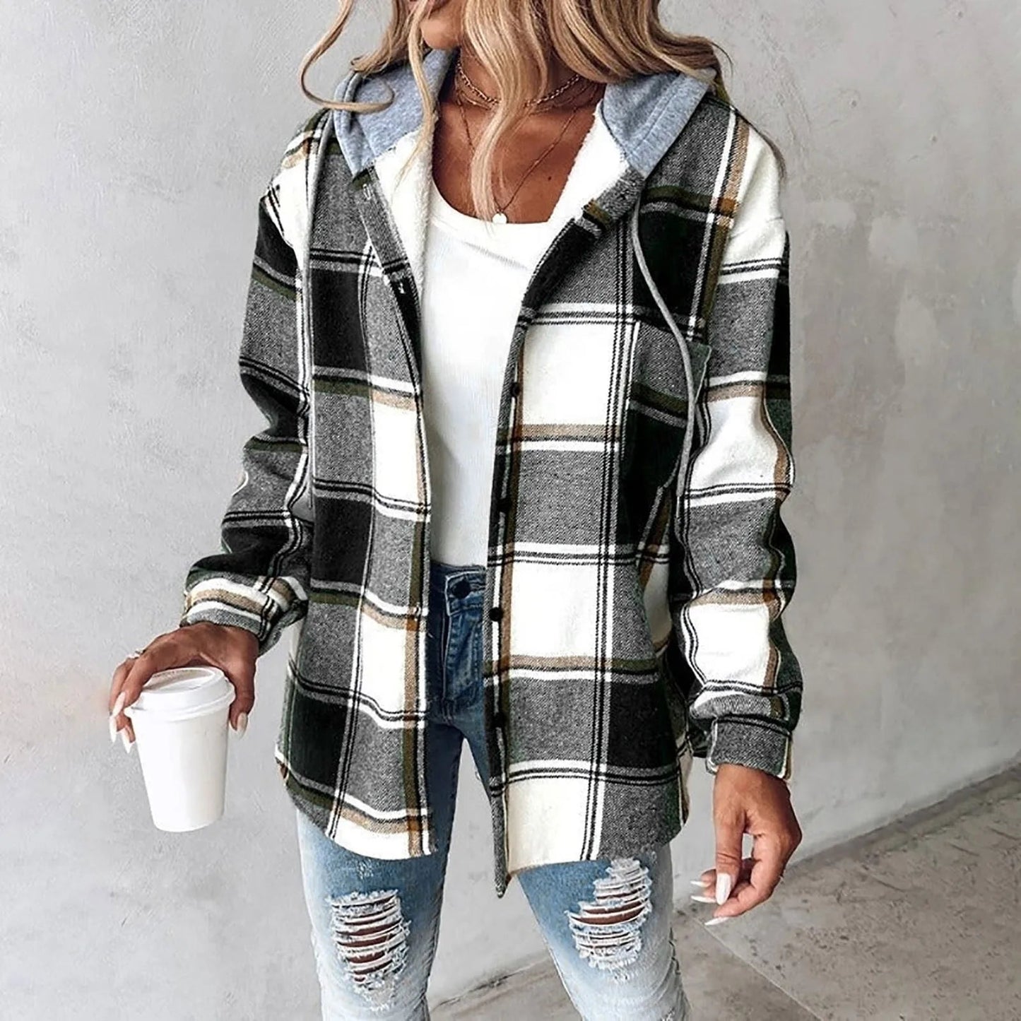Damen Knopf-Plaid-Jacke